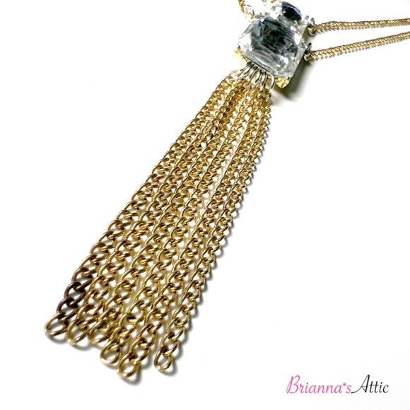 Gold Tone Long Square Crystal Necklace with Artistic Earrings - Picture 8 of 14